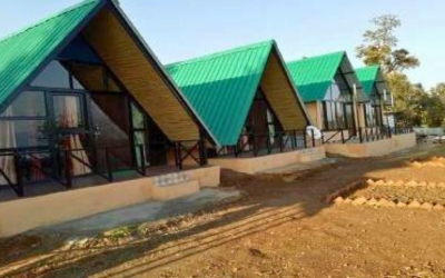 Row of modern A-frame cottages with green roofs and glass fronts